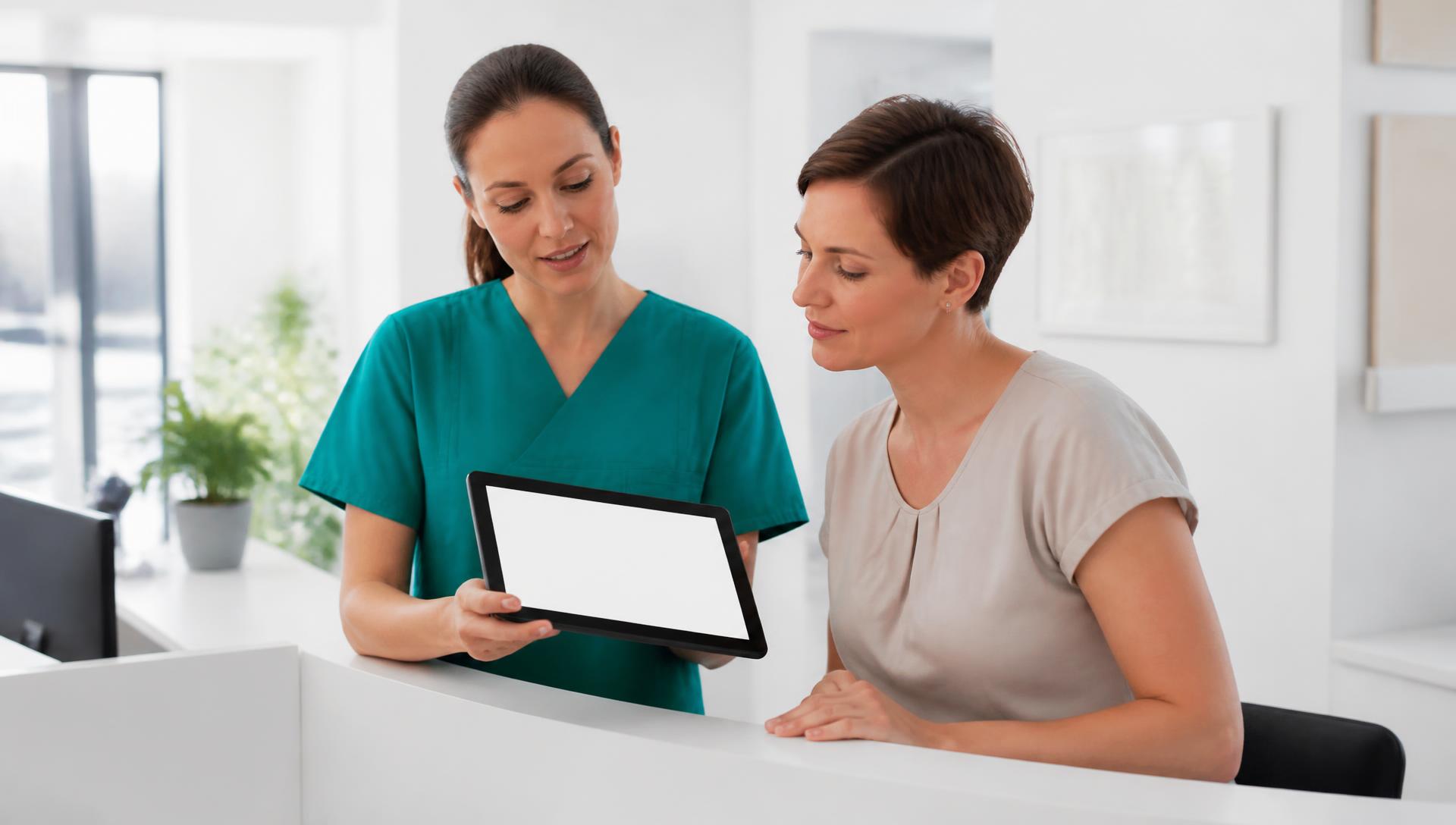Praxisassistenz erklärt einer Patientin etwas an einem Tablet am Empfang