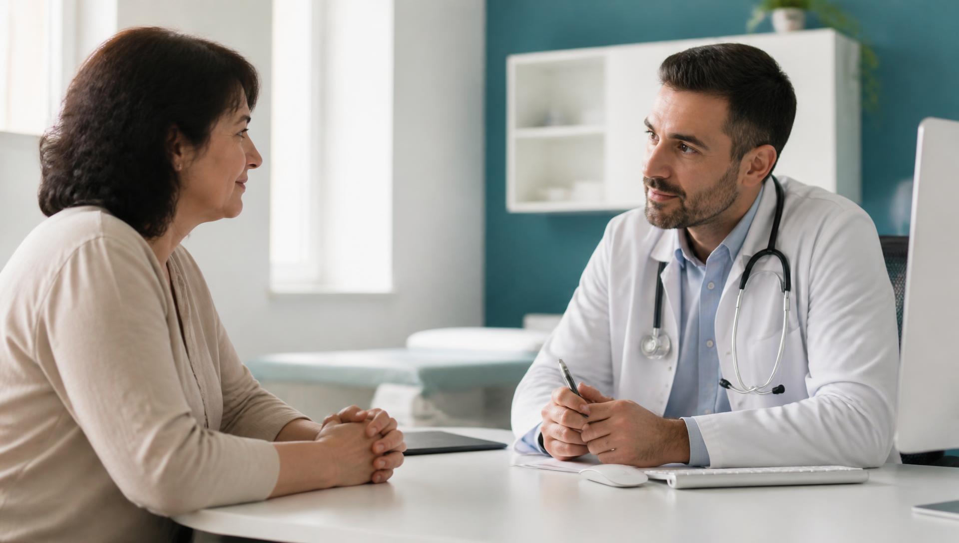 Hausarzt hört einer Patientin im hellen Sprechzimmer aufmerksam zu