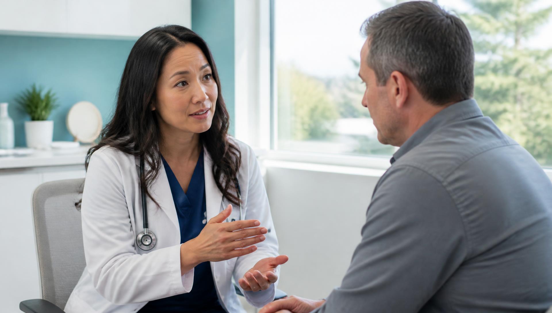 Ärztin im ruhigen Gespräch mit einem Patienten in einem hellen Sprechzimmer